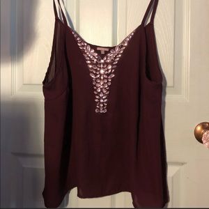 Burgundy tank top with gems on the front